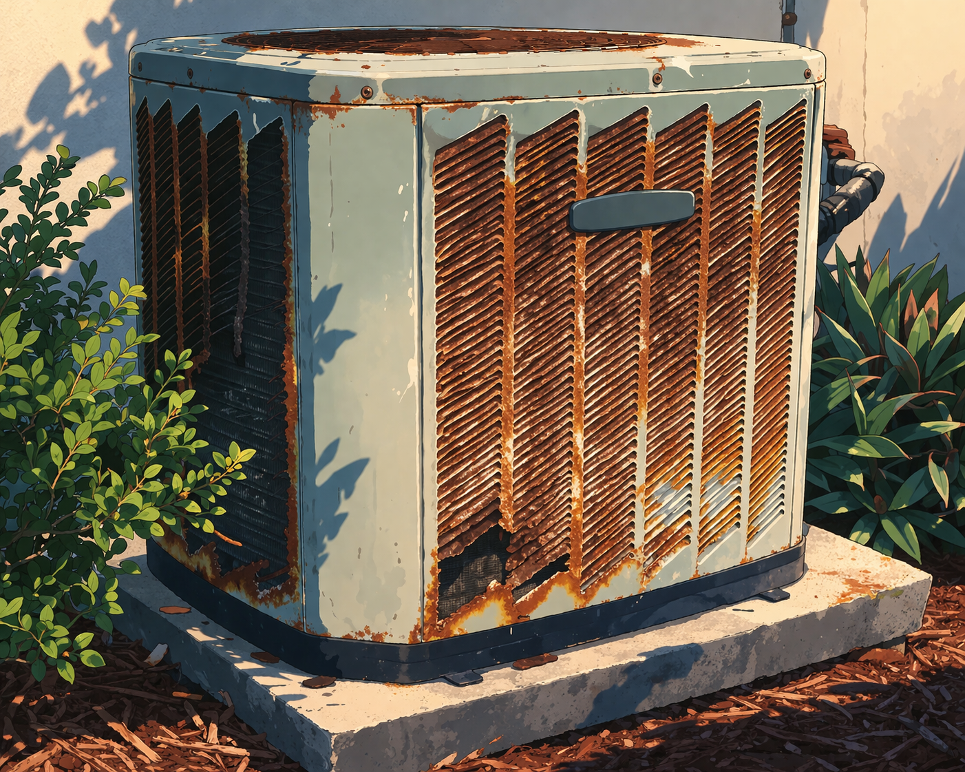 Failed outdoor condenser coil illustrating replacement exposure versus protection